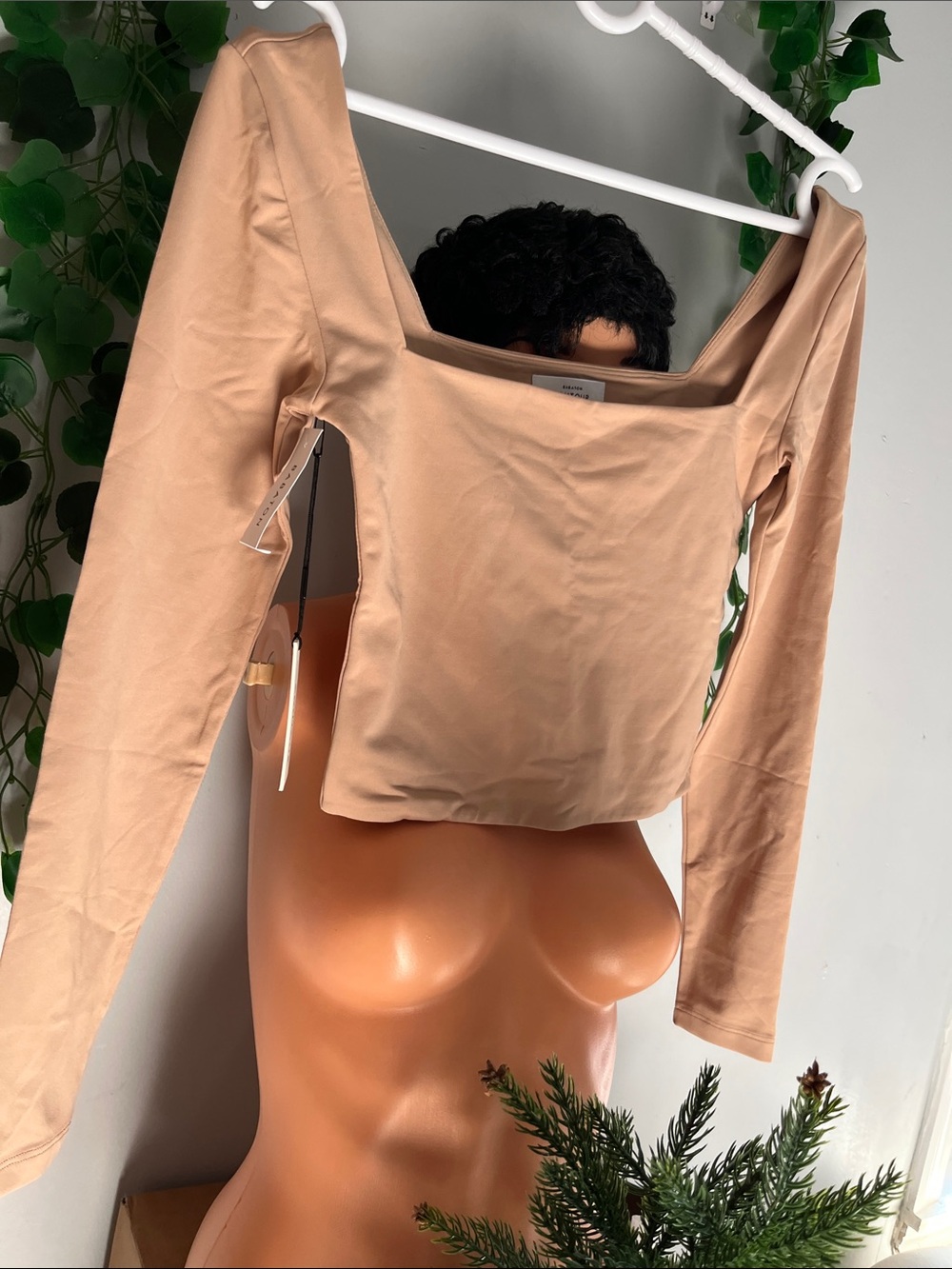 Babaton Square Neck Long Sleeve Crop Top - Beige